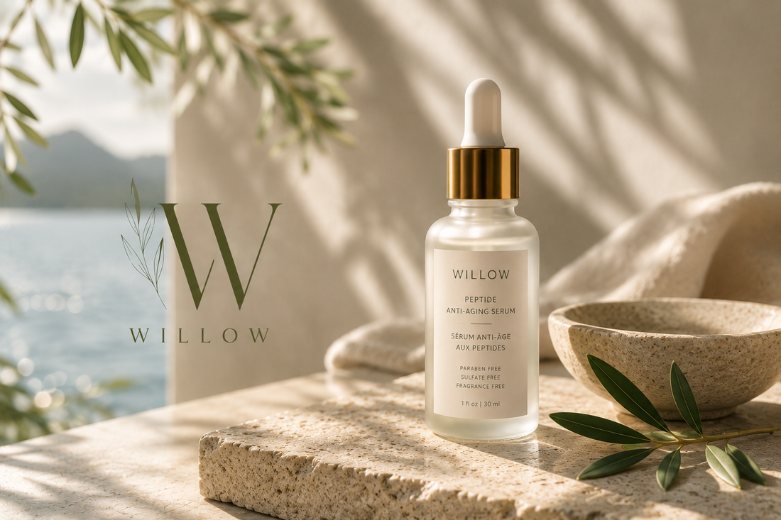 Willow Peptide Anti-Aging Serum displayed in a luxury spa-inspired setting with botanical elements, designed to support smoother, firmer, and more radiant aging skin
