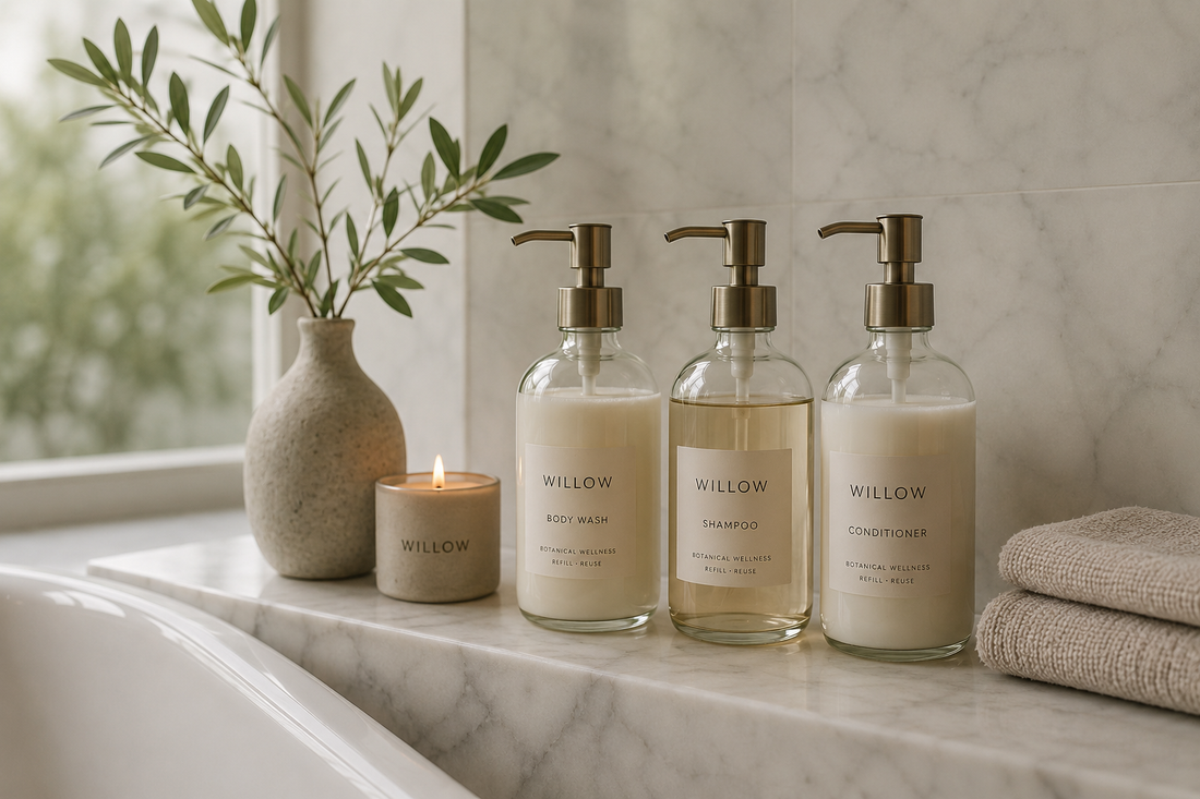 A serene, minimalist bathroom featuring elegant glass refillable dispensers on a marble ledge, softly illuminated by natural golden light from a nearby window, with a single sprig of eucalyptus in a small vase.