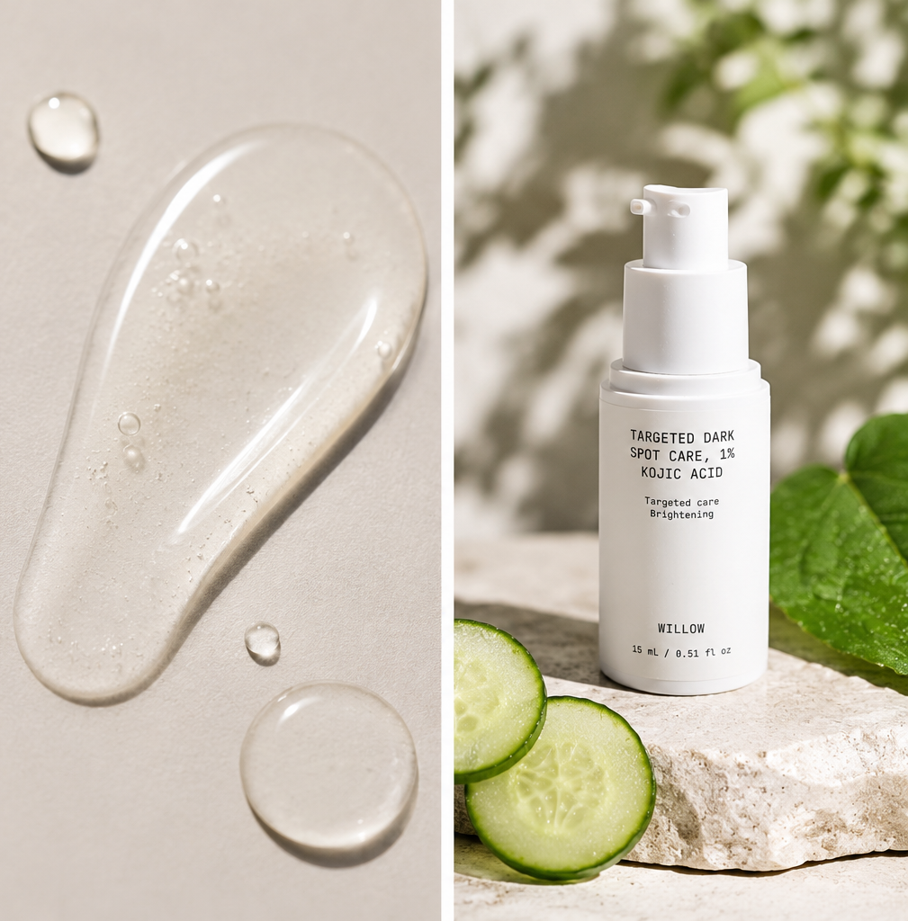 Willow 1% kojic acid dark spot care in a sleek bottle for targeted spot treatment and more even-looking skin.