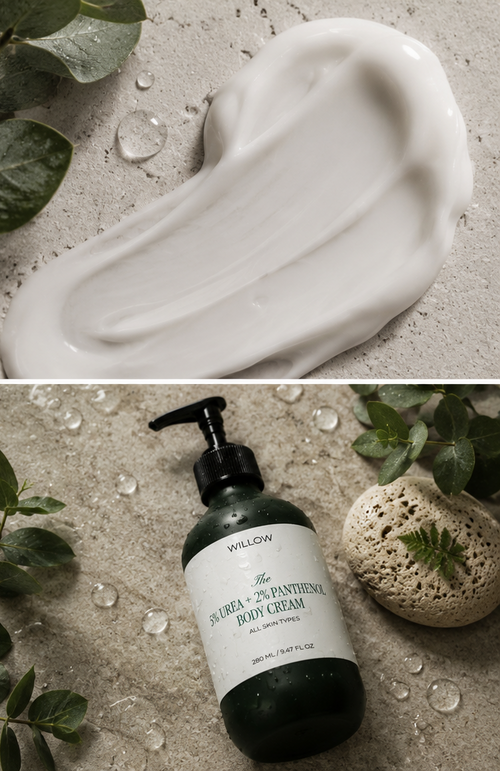 Rich moisturizing body cream texture with 5% urea and 2% panthenol for deep hydration, skin barrier support, and smooth skin.