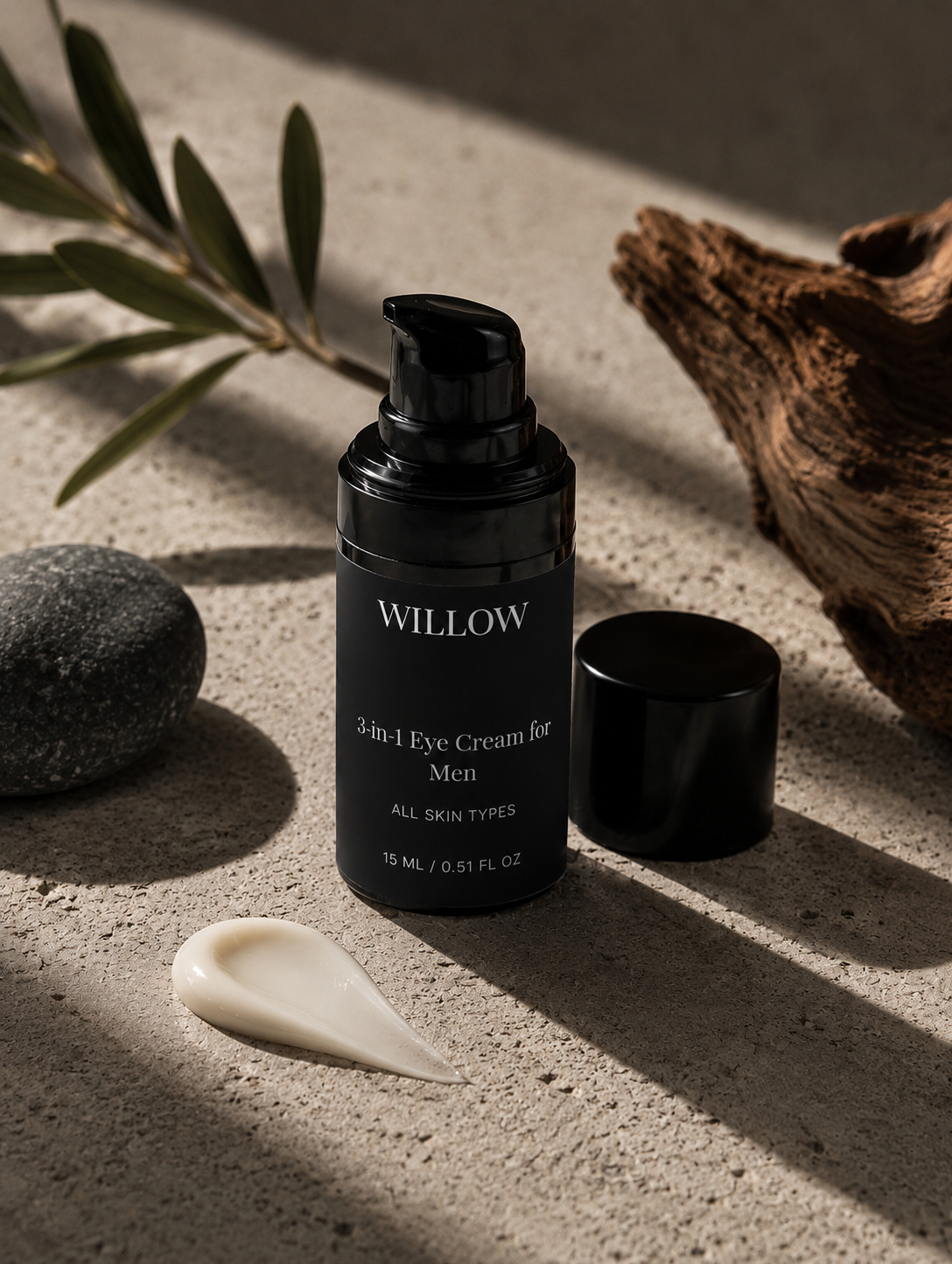 Willow 3-in-1 eye cream for men in a jar for hydration, brightening, and puffiness support.