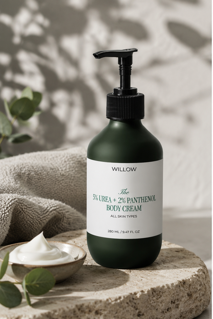 Willow 5% Urea and 2% Panthenol Body Cream on natural stone with botanical elements, intensive moisturizing cream for dry and rough skin.