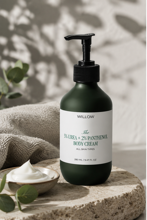 Willow 5% Urea and 2% Panthenol Body Cream on natural stone with botanical elements, intensive moisturizing cream for dry and rough skin.
