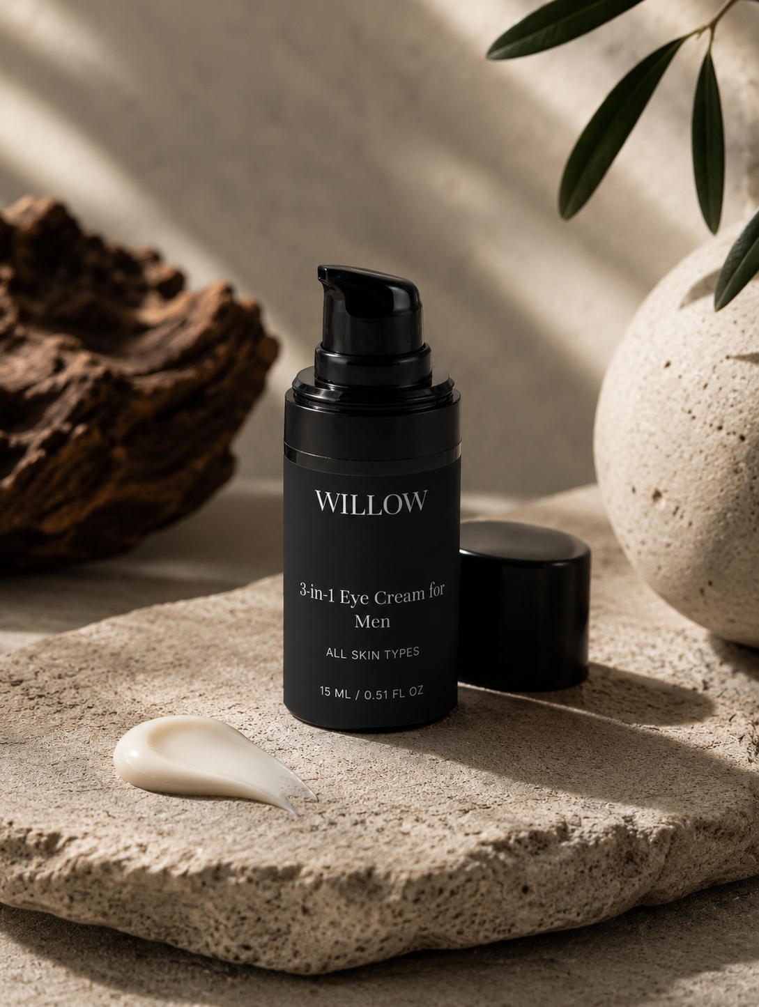 3-in-1 Eye Cream for Men by Willow in a premium skincare jar, designed to hydrate, brighten, and reduce puffiness around the eyes