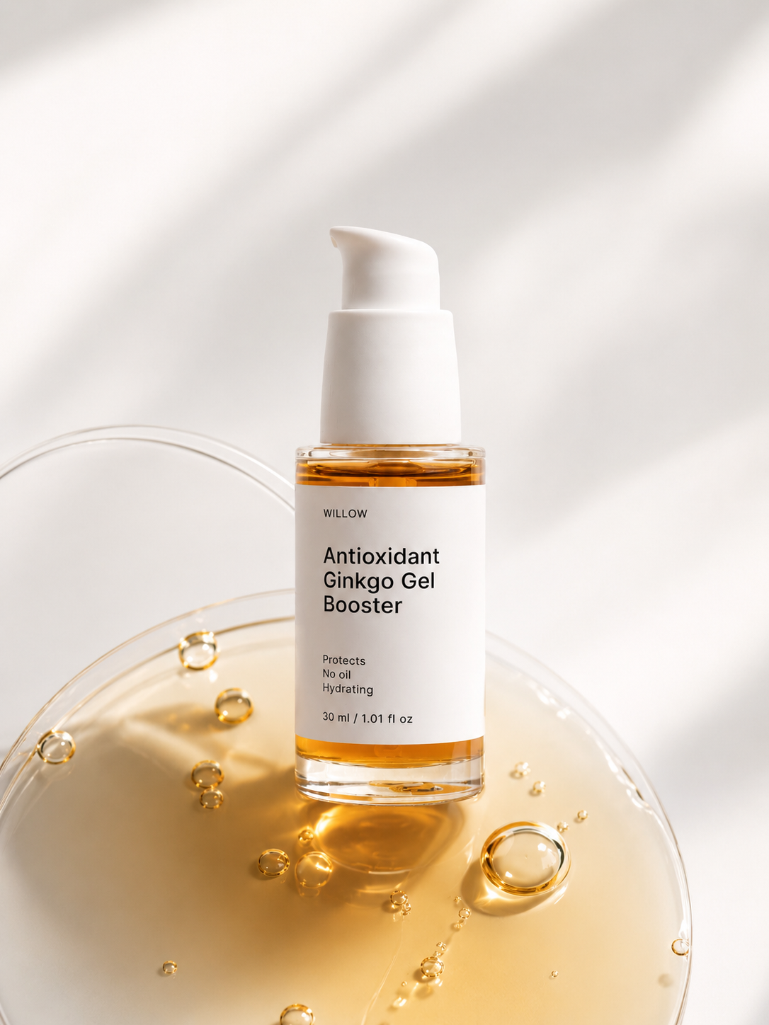 Antioxidant Ginkgo Gel Booster by Willow in a sleek skincare bottle, designed to refresh, hydrate, and support healthier-looking skin.