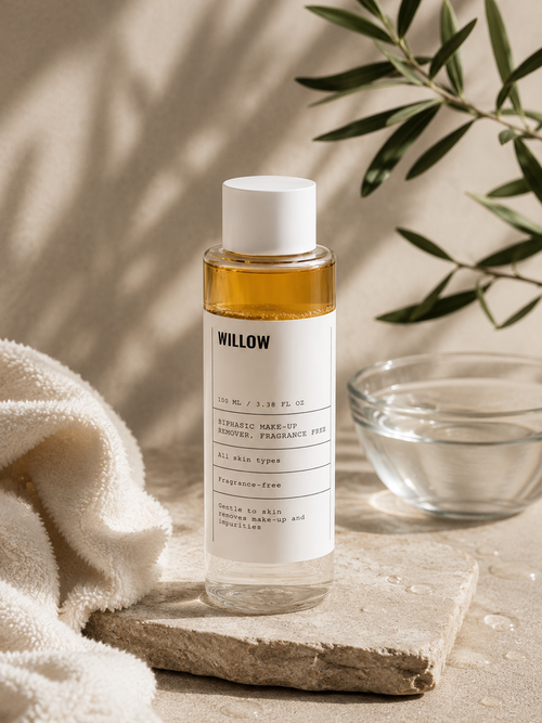 Willow fragrance-free biphasic makeup remover in a bottle for gentle makeup removal and clean skin.