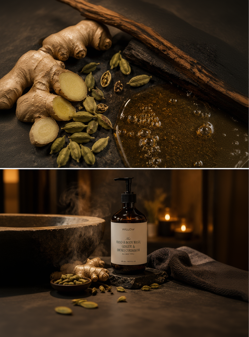 Ginger root, green cardamom pods and botanical cleansing gel ingredients used in Willow Ginger and Smoky Cardamom hand and body wash.