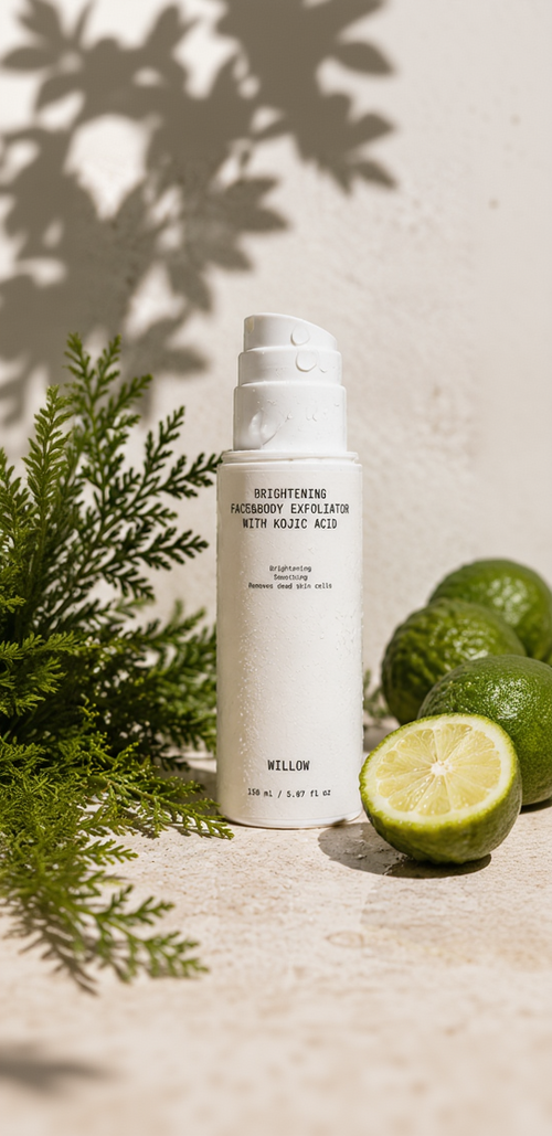 Brightening Face and Body Exfoliator with Kojic Acid by Willow in a sleek jar, designed to gently exfoliate and support a brighter, more even-looking complexion