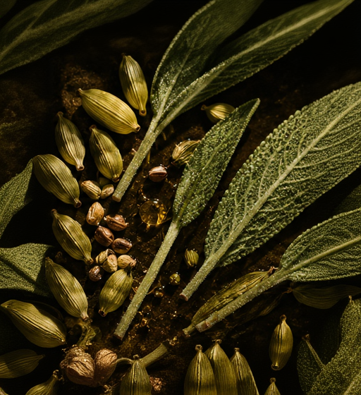 Cardamom pods, sage leaves and nourishing botanical oils representing the natural ingredients in Willow Omega 6-9 Glowing Skin Body Oil.