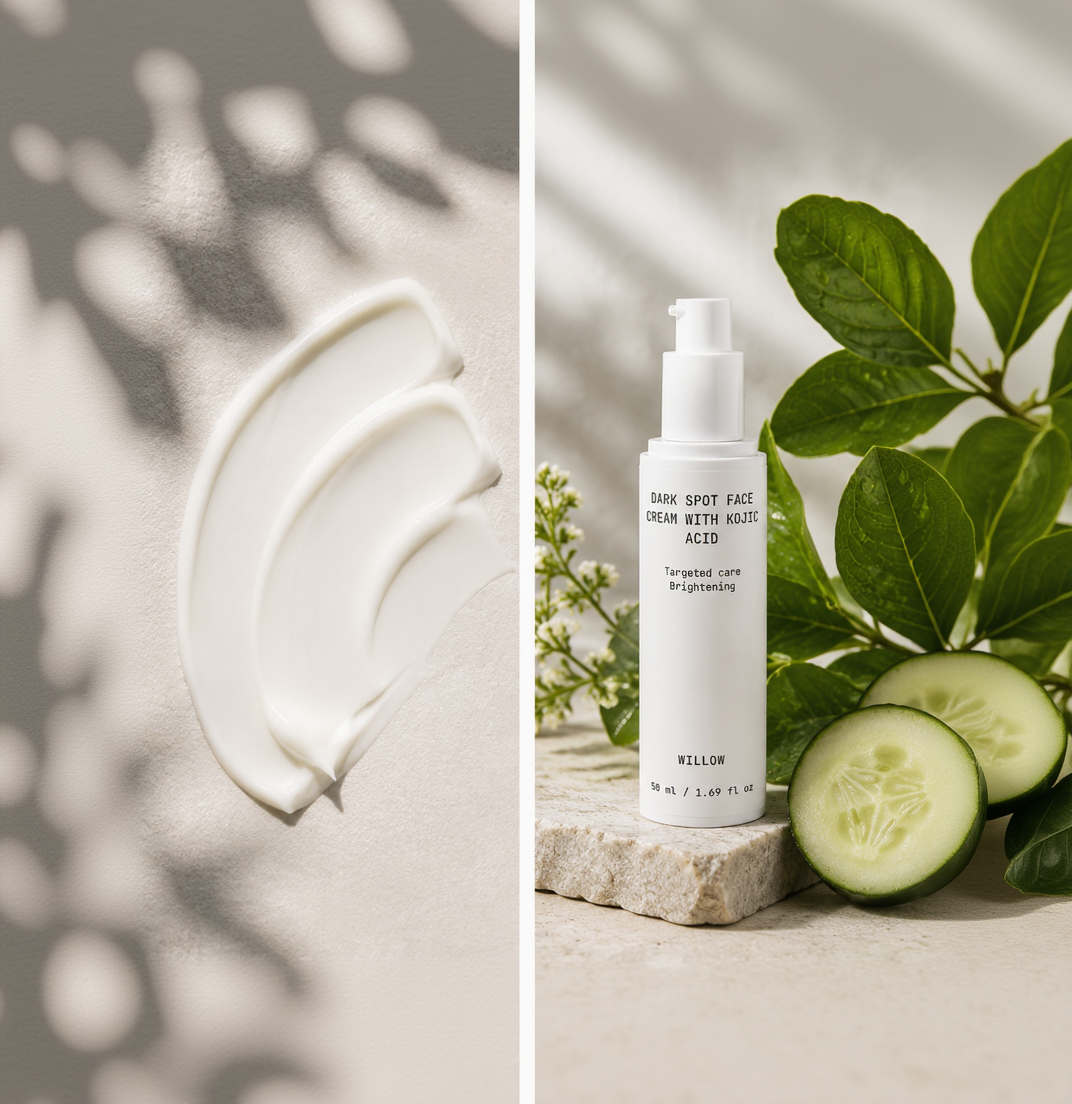 Willow dark spot face cream with kojic acid in a jar for targeted tone correction and smoother-looking skin.