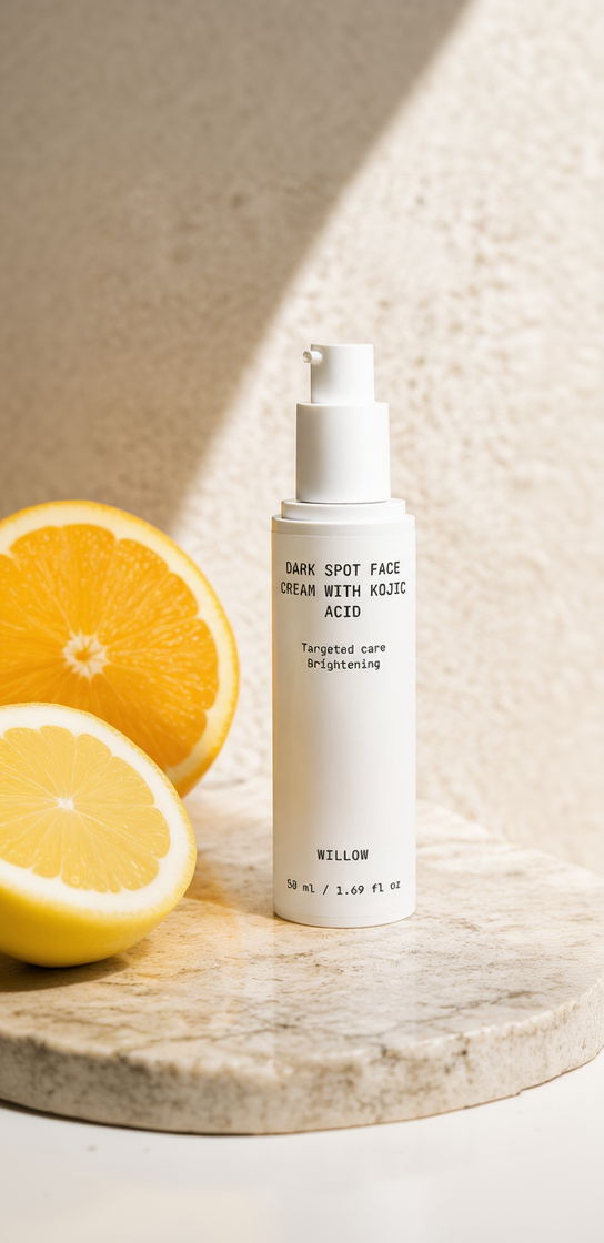Dark Spot Face Cream with Kojic Acid by Willow in a sleek skincare jar, designed to help improve the appearance of dark spots and uneven skin tone.