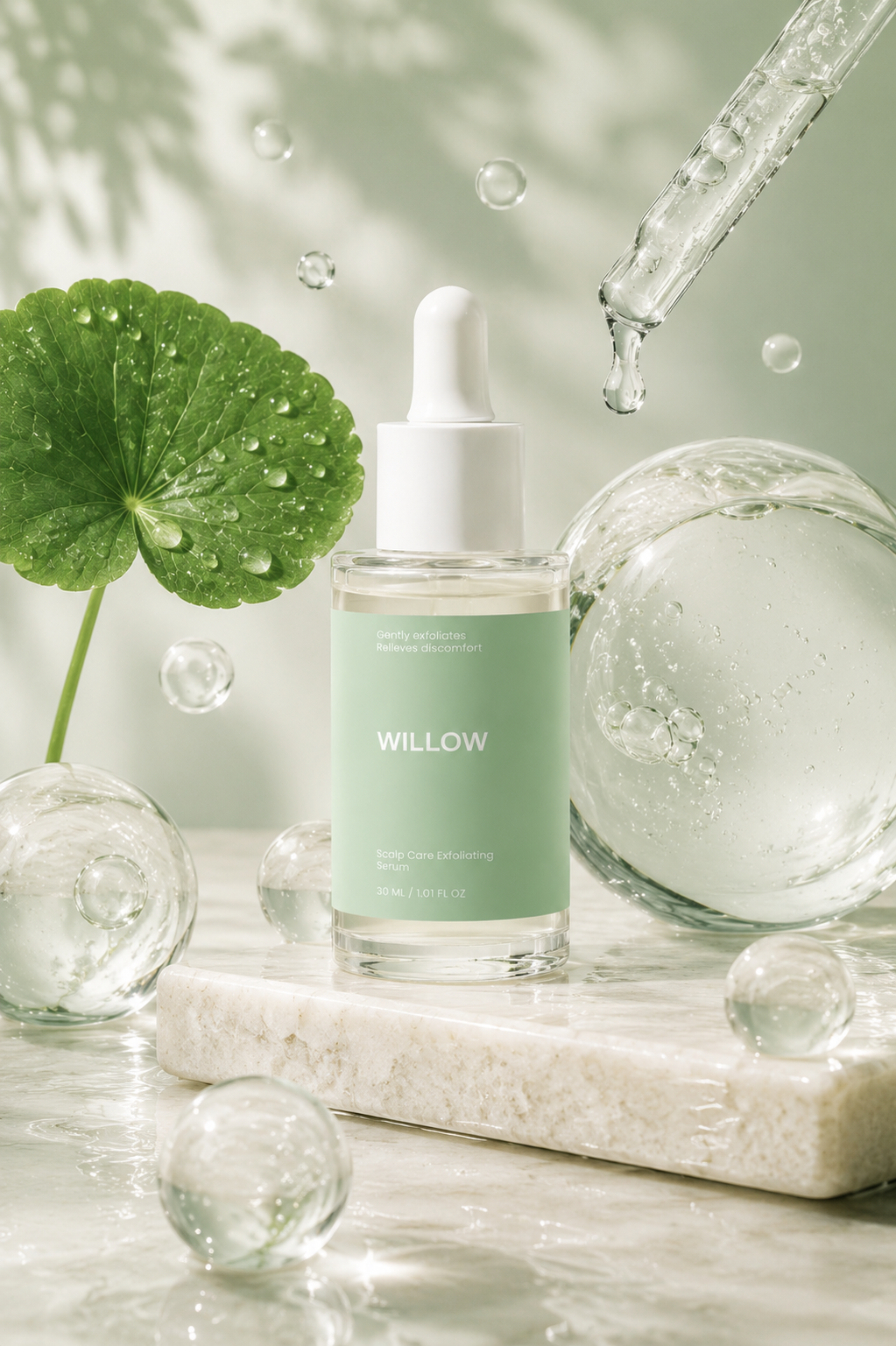 Skincare bottle labeled 'WILLOW' with dropper and green leaf on a light background. Lightweight scalp exfoliating serum texture with hydrating and clarifying ingredients for scalp care. Fresh rosemary leaves used in Willow scalp exfoliating serum 