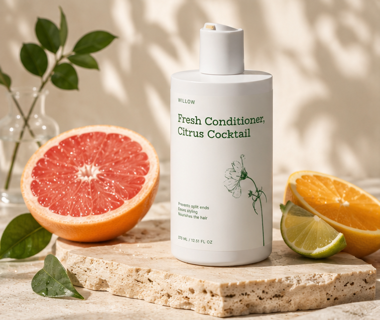 Willow Fresh Conditioner Citrus Cocktail featuring grapefruit, orange and lime extracts with nourishing hydration for soft shiny hair.