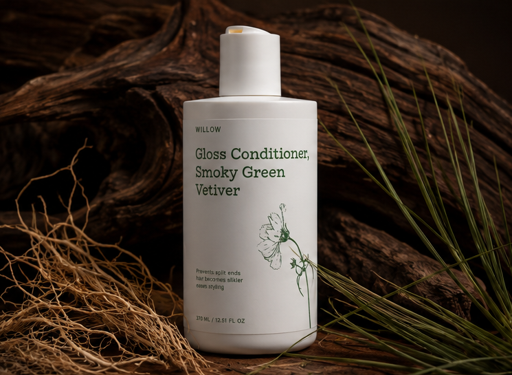 Willow Gloss Conditioner Smoky Green Vetiver featuring vetiver extracts and nourishing conditioner texture for silky shiny hair.