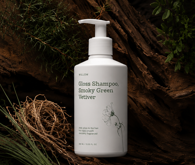 Willow Gloss Shampoo Smoky Green Vetiver surrounded by vetiver roots, botanical greenery, glossy hair texture and hydrating gel. 
