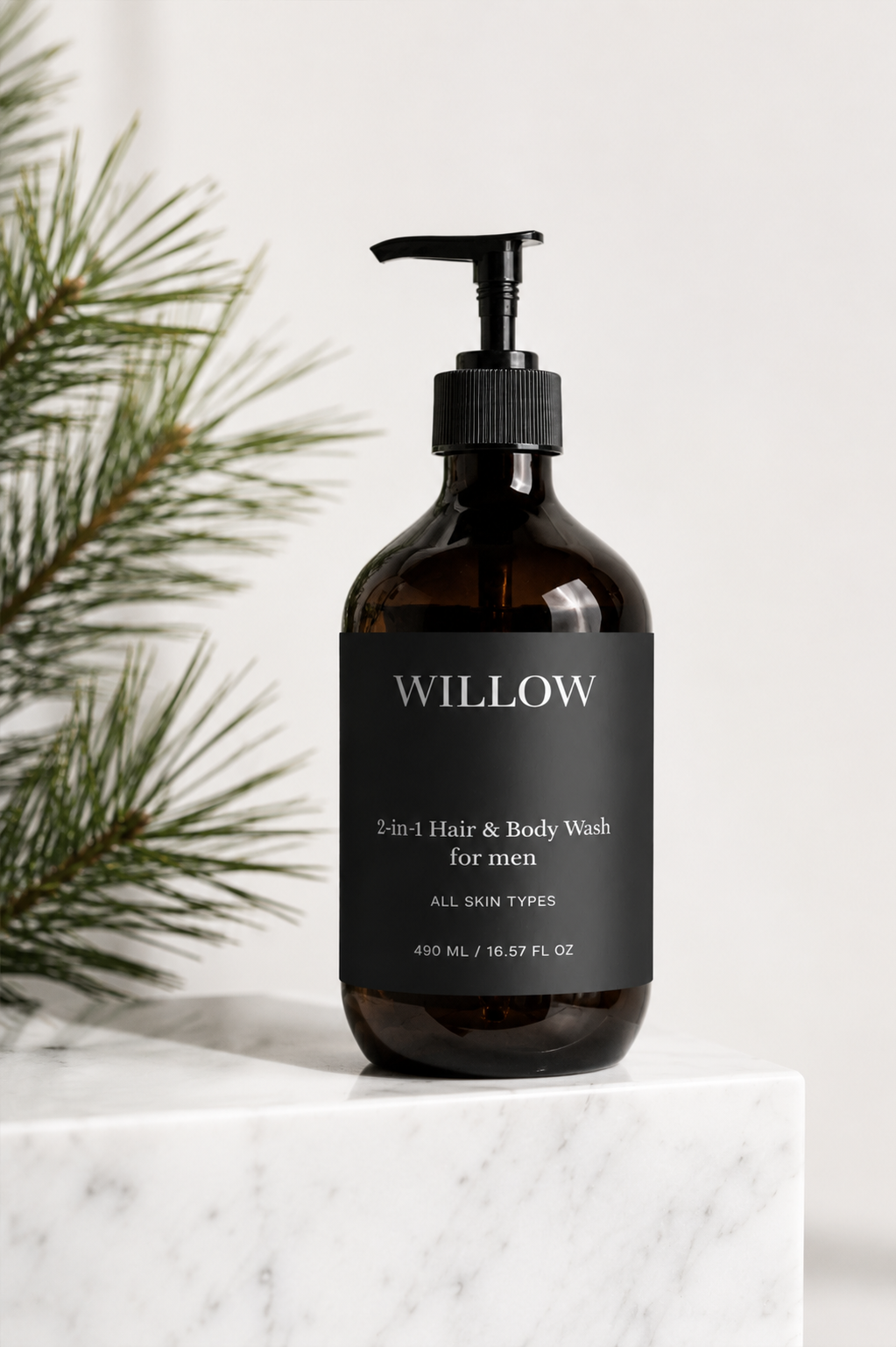 Bottle of Willow 2-in-1 Hair & Body Wash for men on a marble surface with a white background