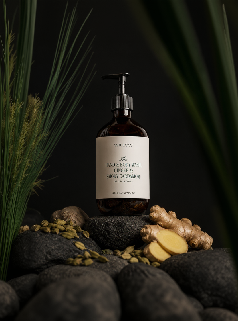 Willow Hand & Body Wash Ginger and Smoky Cardamom – natural vegan body cleanser with warm spicy botanical fragrance and moisturizing formula.