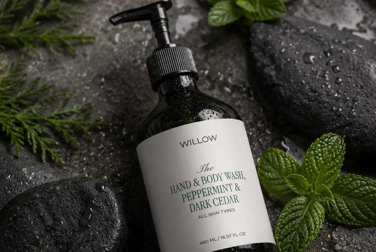 Peppermint and Dark Cedar hand and body wash surrounded by fresh mint leaves and wet spa stones, natural moisturizing body cleanser.