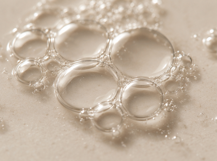 Close-up of water bubbles on a beige surface. Keratin Volume Boost Shampoo. Perfect for fine, flat, or weakened hair in need of softness and movement.