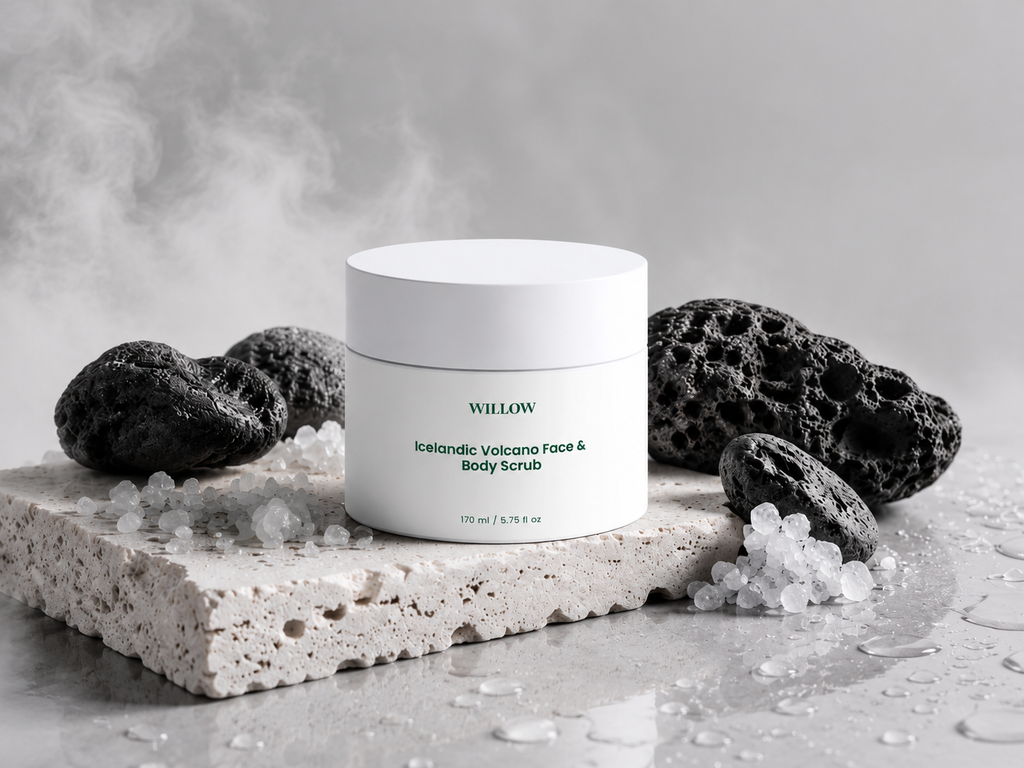 Willow Icelandic Volcano Face and Body Scrub with volcanic sand exfoliants for smoother brighter skin
