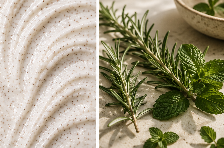 Close-up of a creamy texture and fresh green herbs on a light surface. Exfoliating scalp scrub texture with natural cleansing particles and creamy formula. Fresh rosemary and mint botanicals featured in Willow scalp care treatment. Willow Deep Cleanse Scalp Scrub Rosemary & Mint luxury hair care treatment for scalp exfoliation and buildup removal. Fresh rosemary and mint botanicals featured in Willow scalp care treatment. 