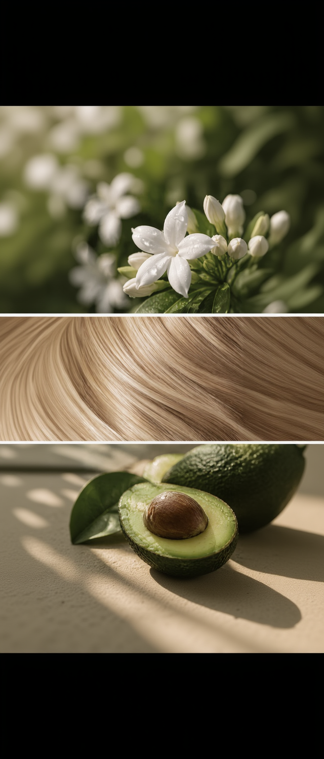 Top: Close-up of white flowers with green leaves. Middle: Blonde hair color swatch. Willow Keratin Intensive Rescue Hair Mask for deep nourishment, shine and hair repair. Willow keratin hair mask with jasmine and avocado inspired botanical ingredients for hair nourishment and shine.