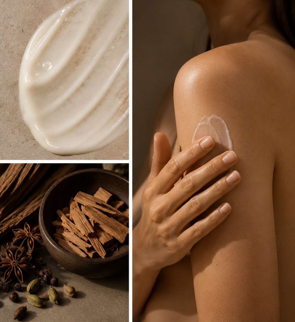 Willow Silk Skin Body Serum featuring sandalwood, botanical spices, rich moisturizing texture, and radiant hydrated skin.