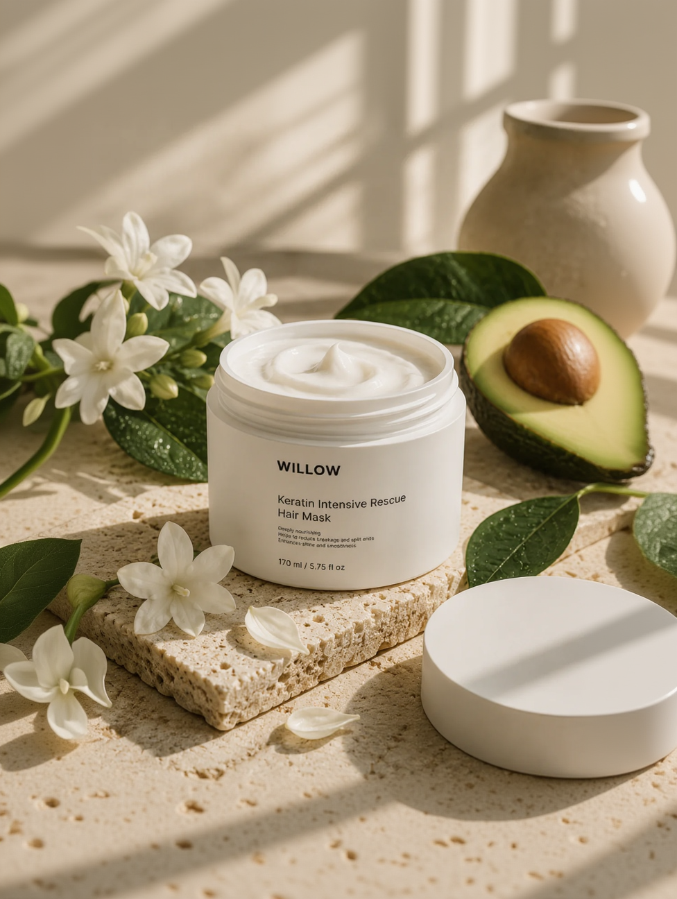 Jar of Willow Keratin Intensive Rescue Hair Mask with avocado and flowers on a textured surface. Jasmine flower, healthy keratin hair strands and avocado ingredients used in Willow Keratin Intensive Rescue Hair Mask. Smooth healthy hair after using keratin intensive rescue hair mask treatment.