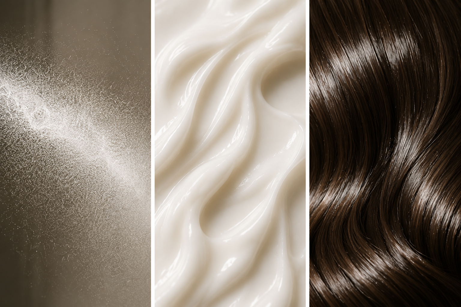 Three close-up images of hair care products: left with a powder, center with cream, right with hair strands. The ultra-light mist detangles and softens while enhancing natural shine, leaving hair feeling silky, refreshed. a lightweight treatment designed to nourish and protect dry, fragile, or damaged hair without weighing it down. Infused with strengthening Hydrolyzed Keratin, balancing Lactic Acid, and revitalizing Algae Extract, this restorative formula helps smooth frizz, reduce breakage, and support he