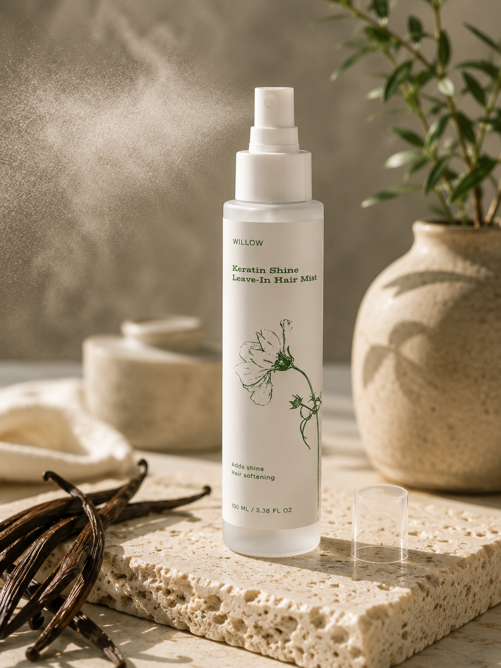 White spray bottle with green label on a wooden surface with vanilla beans and a plant in the background. Keratin Shine Leave-In Hair Mist. lightweight treatment designed to nourish and protect dry, fragile, or damaged hair without weighing it down.