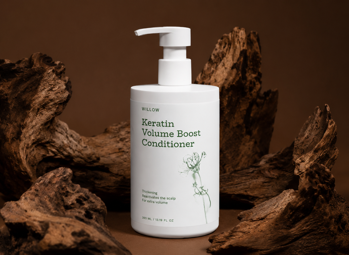 Keratin Volume Boost Conditioner bottle with pump on a brown background. Willow Keratin Volume Boost Conditioner displayed with natural wood textures, volumizing conditioner formulated with keratin, sage extract, and nourishing ingredients to support fuller, thicker-looking hair. This restorative conditioner leaves hair feeling silky, airy, and beautifully manageable with natural-looking body and shine