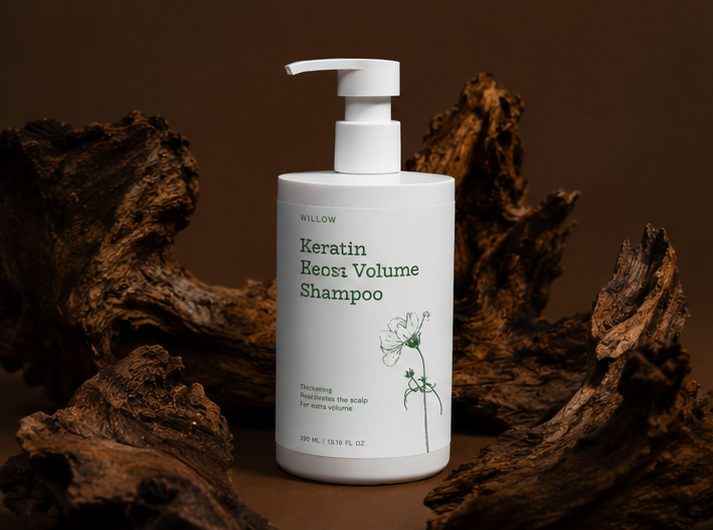 Keratin Volume Boost Shampoo bottle with pump on a brown background. a cleansing formula designed to gently purify while bringing softness, body, and vitality back to the hair. Enriched with strengthening Hydrolyzed Keratin, energizing Caffeine, Rosemary Oil, and moisture-balancing Sodium PCA, this nourishing shampoo helps support fuller-looking hair while protecting against dryness and breakage.