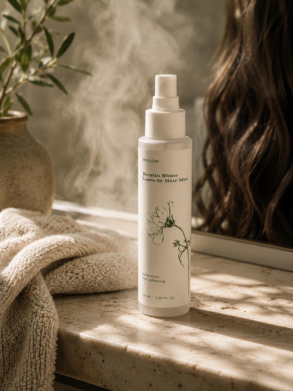 White spray bottle with green label on a wooden surface with a blurred background. lightweight treatment designed to nourish and protect dry, fragile, or damaged hair without weighing it down. Infused with strengthening Hydrolyzed Keratin, balancing Lactic Acid, and revitalizing Algae Extract, this restorative formula helps smooth frizz, reduce breakage, and support healthier-looking hair with every use.