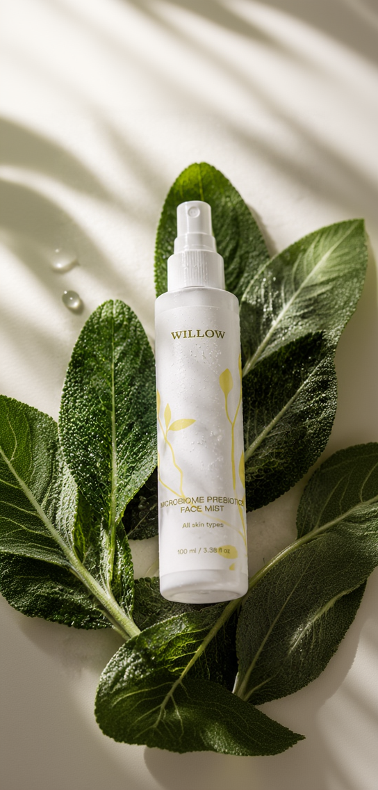 Microbiome Prebiotics Face Mist by Willow in a sleek spray bottle, designed to refresh, hydrate, and support balanced skin.