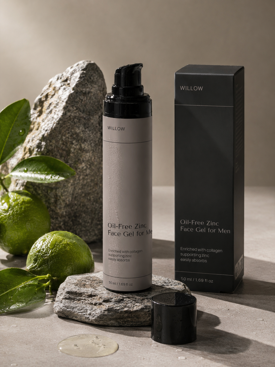 Willow oil-free zinc face gel for men in a jar for lightweight hydration and a fresher-looking complexion.