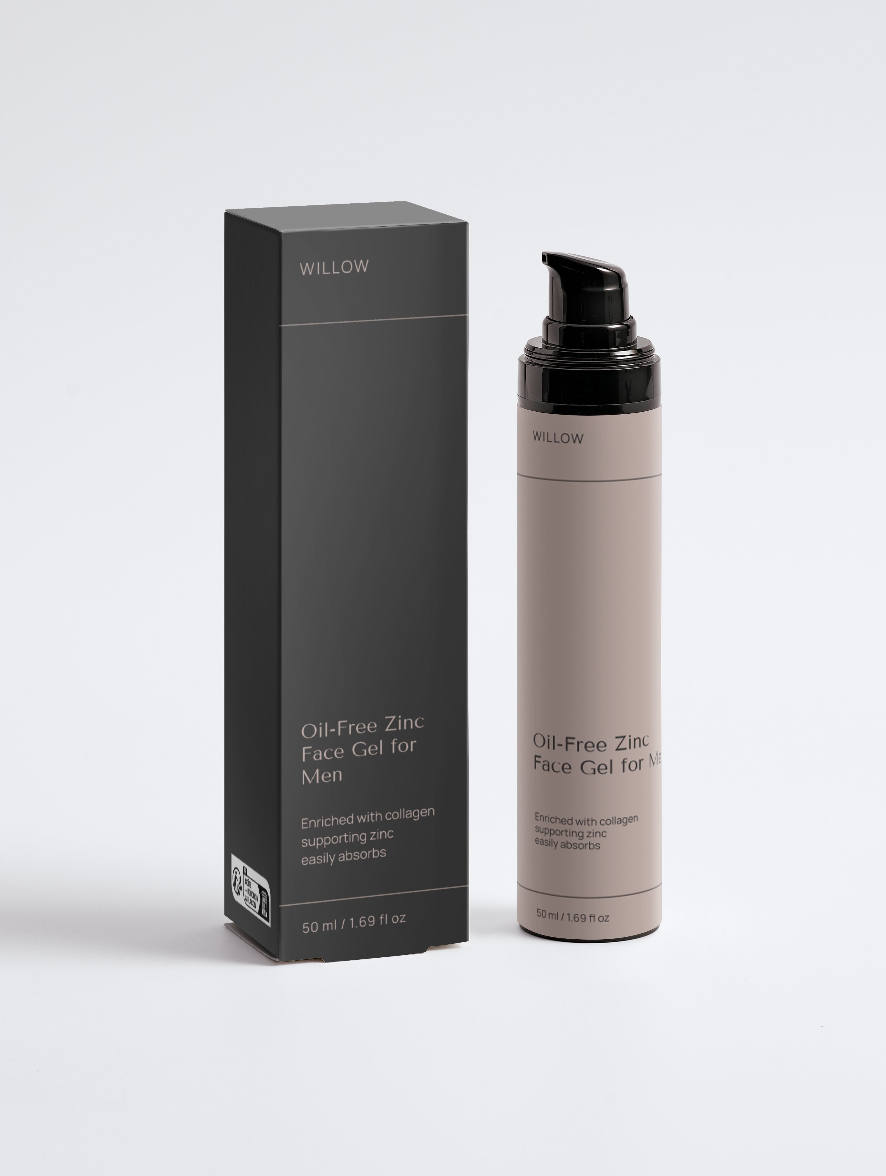 Willow oil-free zinc face gel for men with packaging on a white background