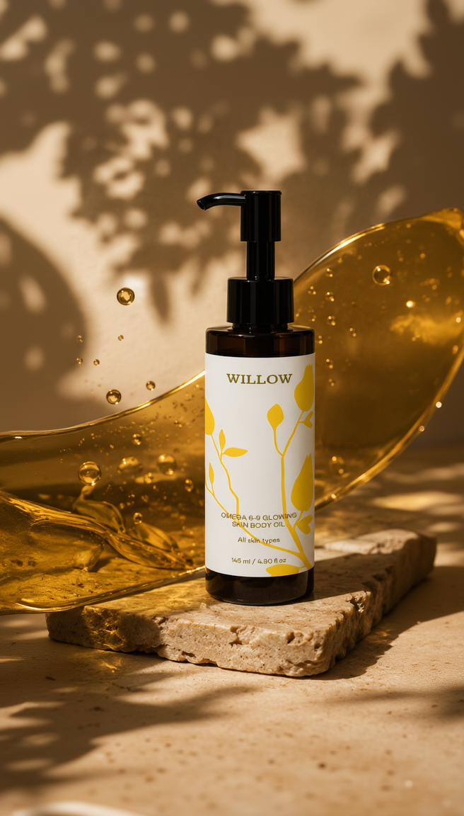 Willow Omega 6-9 Glowing Skin Body Oil with nourishing botanical oils and golden serum texture for radiant, hydrated and healthy-looking skin.