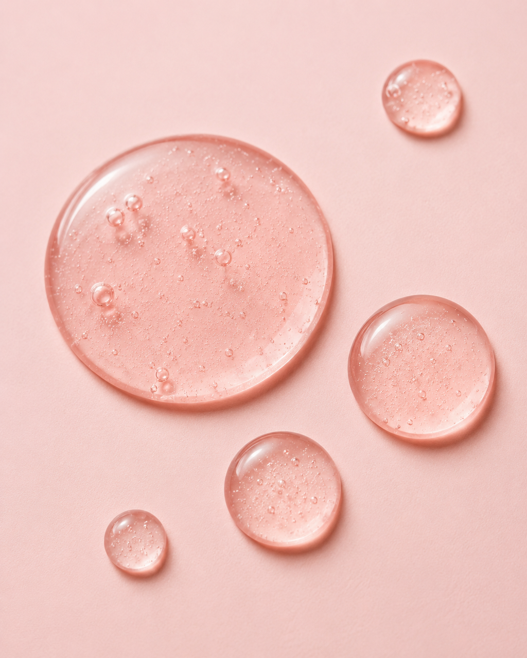 Close-up of pink peptide serum texture with glossy skincare micro droplets illustrating lightweight hydration and anti-aging benefits.