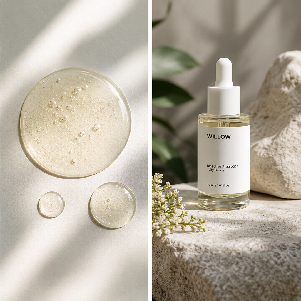 Willow bioactive prebiotics jelly serum in a bottle for lightweight hydration and skin balance.