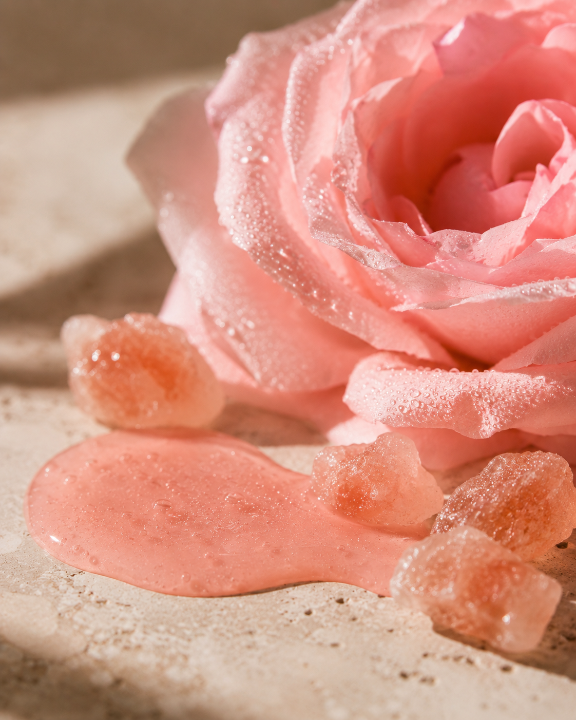 Pink rose with peptide serum texture and skincare gel on natural stone, representing hydrating botanical anti-aging skincare by Willow.