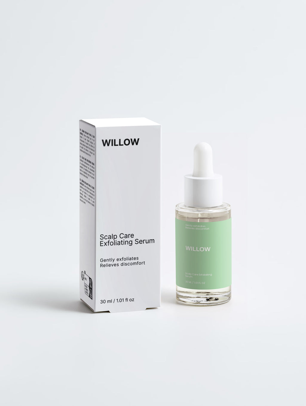 Willow scalp care exfoliating serum bottle and packaging on a white background. Willow Scalp Care Exfoliating Serum designed to remove buildup, balance the scalp, and support healthy hair growth. 