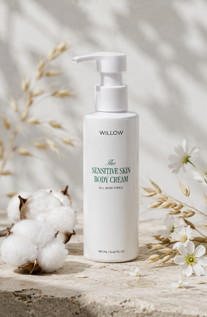 Willow Sensitive Skin Body Cream with cotton flowers and botanical elements, gentle moisturizing body cream for sensitive skin.