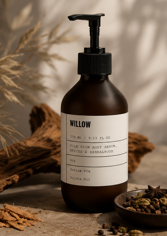 Willow Silk Skin Body Serum Spices & Sandalwood in amber glass bottle with sandalwood, spices, and nourishing body care ingredients.