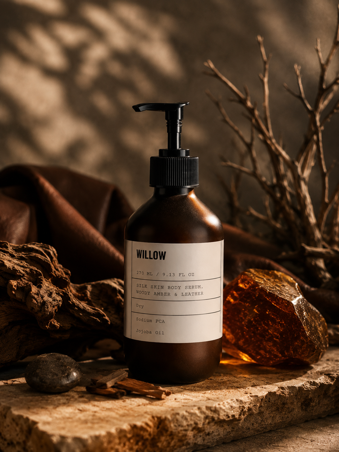 Willow Silk Skin Body Serum Woody Amber and Leather with amber resin, natural wood, and nourishing ingredients for smooth hydrated skin.