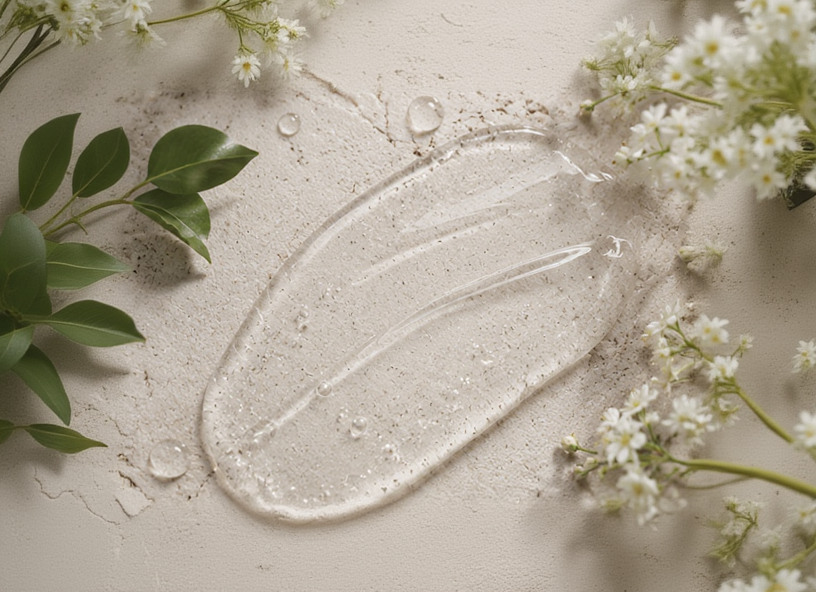 Close-up of clear hydrating cleanser gel with water droplets and botanical accents, representing the gentle formula of Willow Sensitive Skin Face & Body Cleanser.