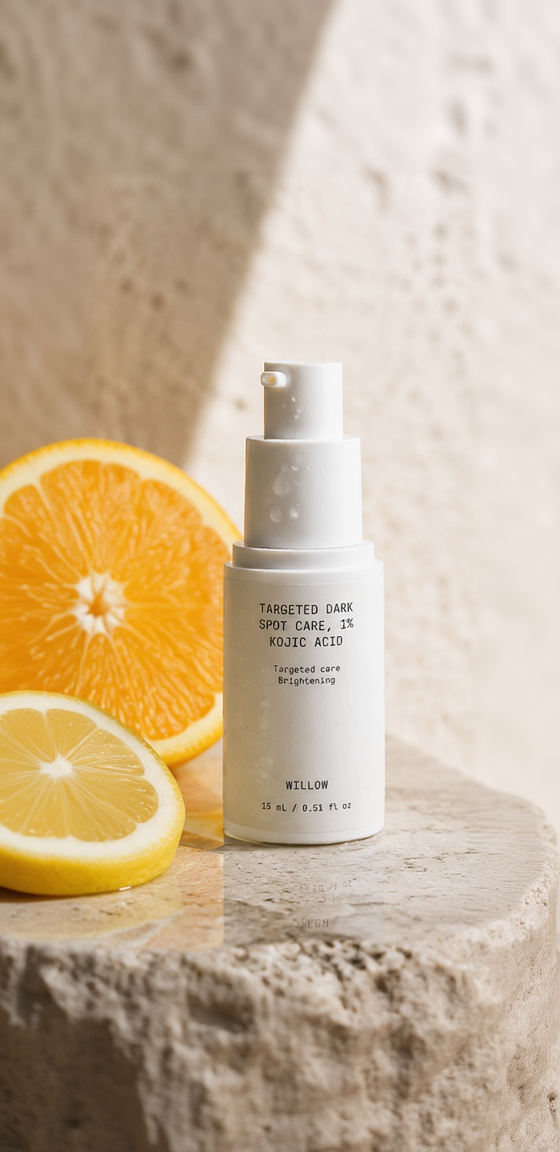 Targeted Dark Spot Care, 1% Kojic Acid by Willow in a sleek treatment bottle, designed to help reduce the appearance of dark spots and uneven skin tone.