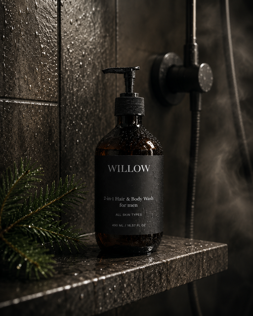 Bottle of Willow 2-in-1 Hair & Body Wash for men on a shower ledge. modern luxury shower setting with water droplets and botanical pine elements.