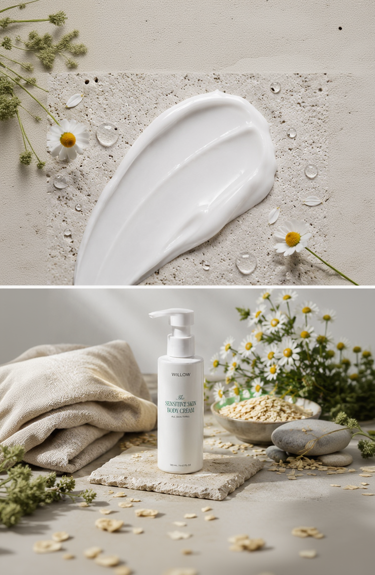 Willow Sensitive Skin Body Cream in luxury spa setting with chamomile flowers and soft linen, nourishing moisturizer for sensitive skin.