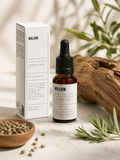 Softening Beard Oil by Willow in a clear glass dropper bottle with gold cap, designed to soften, hydrate, and tame facial hair