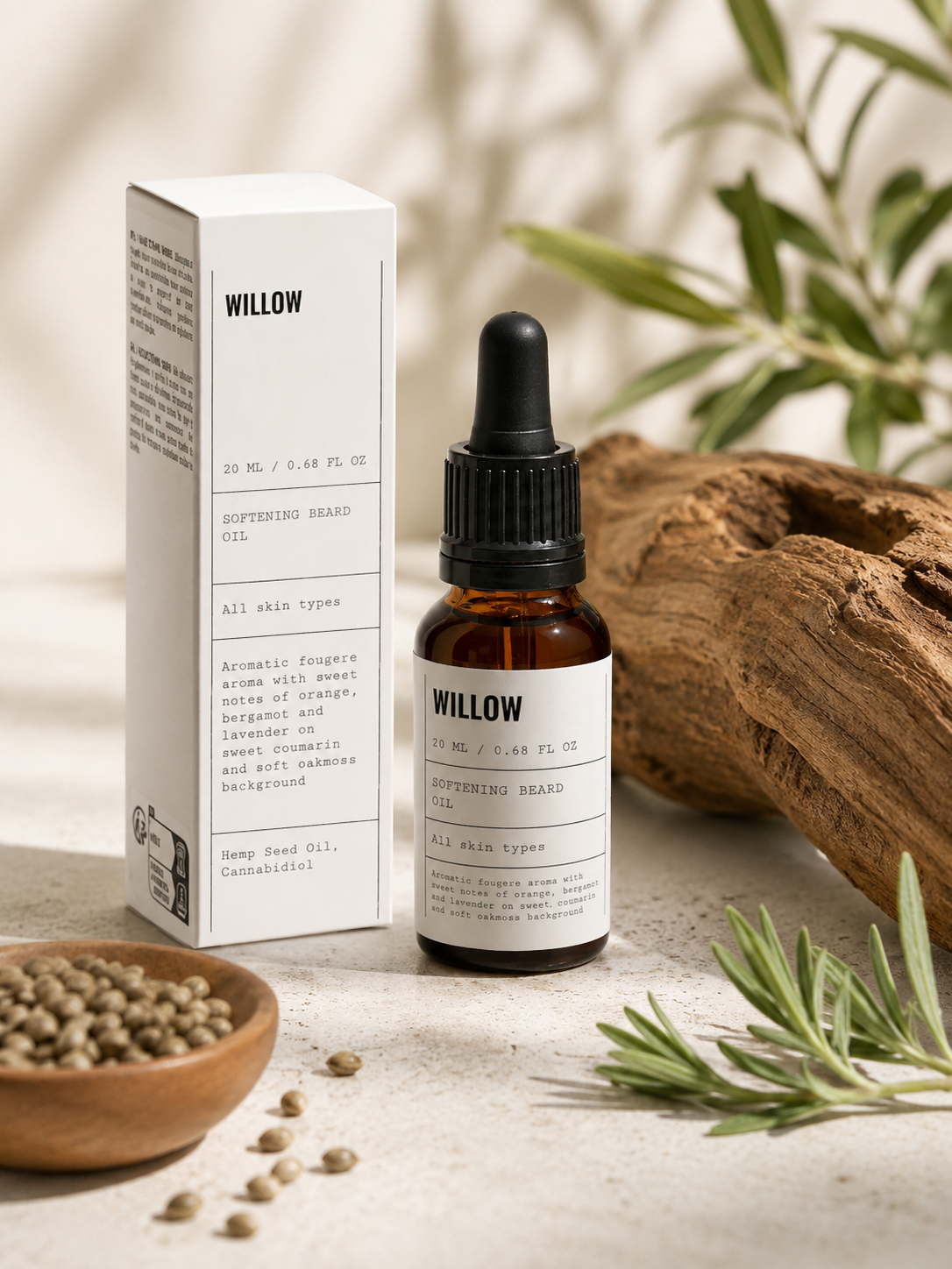 Softening Beard Oil by Willow in a clear glass dropper bottle with gold cap, designed to soften, hydrate, and tame facial hair